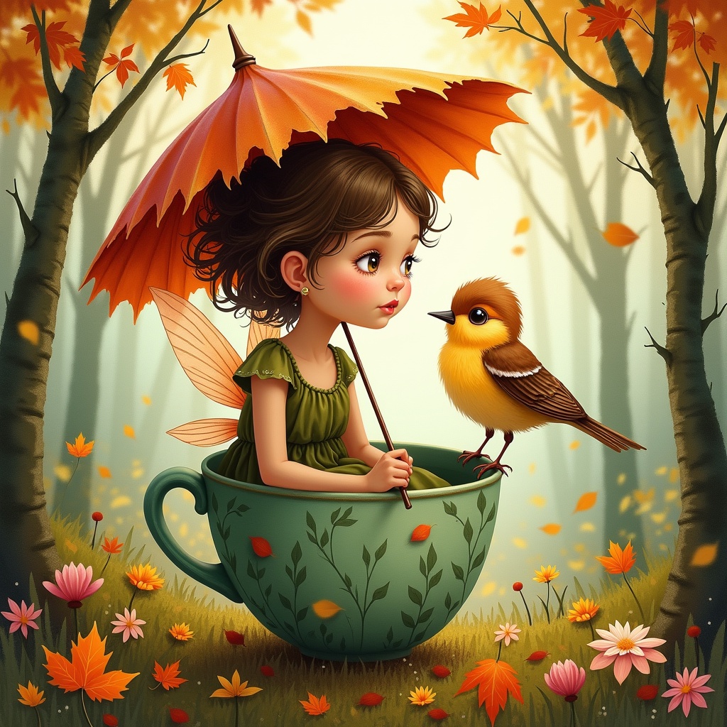 a whimsical fairy sitting in a large teacup, holding an umbrella made of leaves, with a bird perched beside her in a magical autumn forest setting