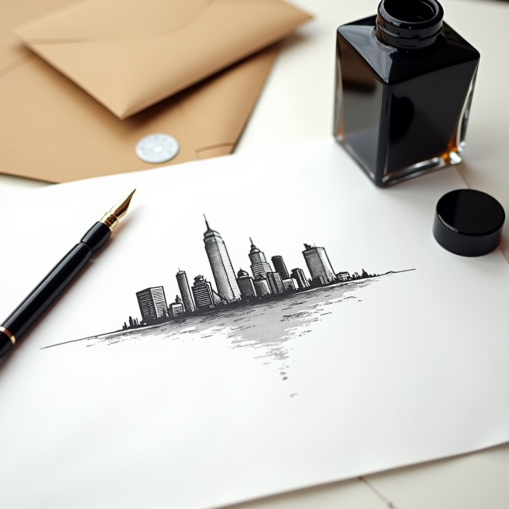 A black ink drawing of a city skyline reflected in water, accompanied by a fountain pen and ink bottle.