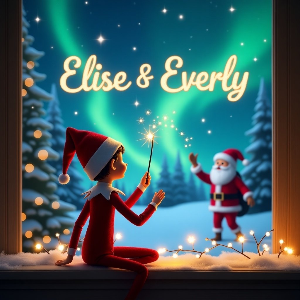 Elf on the shelf sitting with back to the viewer facing the sky. Using a wand to write the names Elise & Everly in the snowy sky. Background features magical northern lights and Santa Claus.