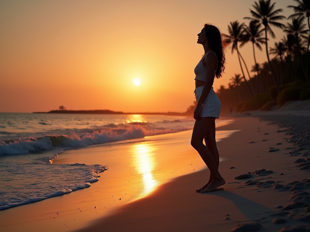 A serene image captures a silhouette of a woman standing on a beach as the sun sets on the horizon. The sky is awash with warm hues of orange and yellow, perfectly reflecting off the wet sand. Palm trees line the beach, adding a tropical feel to the scene.