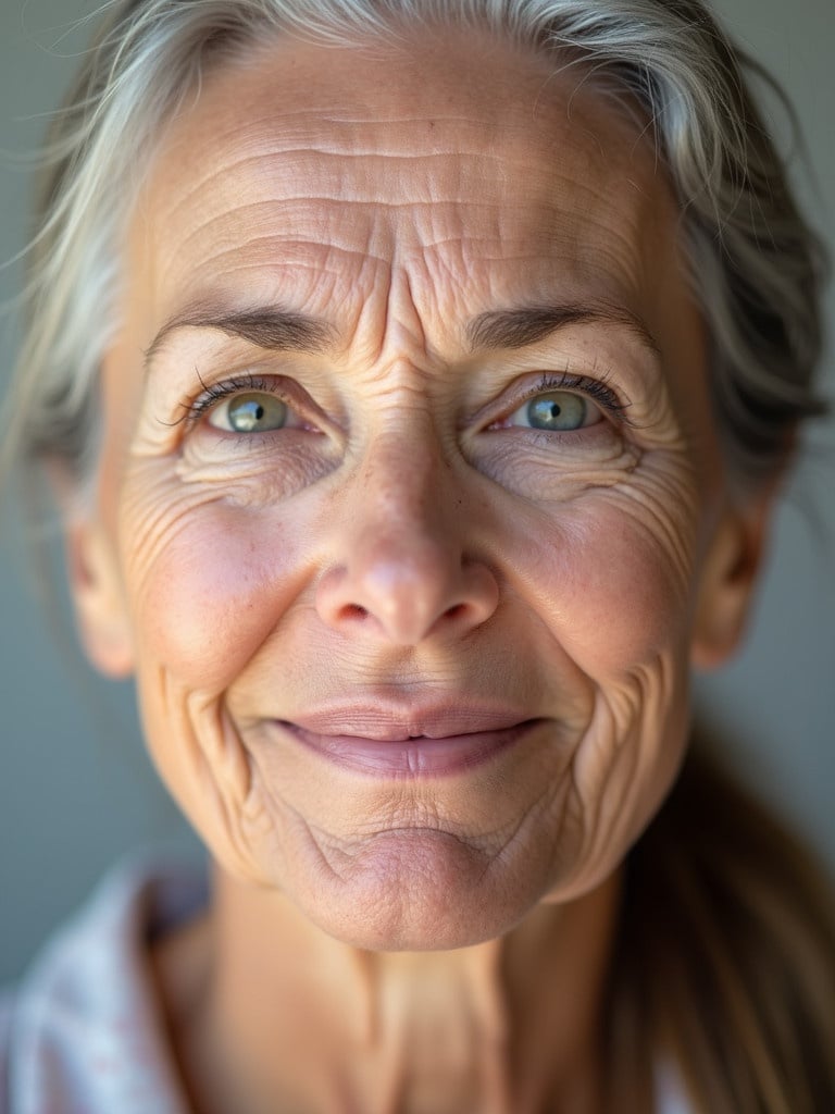 Woman aged about 60 has reduced wrinkles. She has a neutral expression and portrays calmness. The focus is on skin quality after treatment.