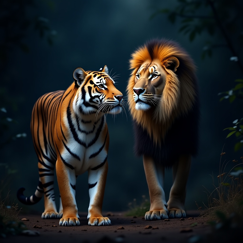 A majestic tiger stands next to a powerful lion in a nighttime setting. The tiger has distinctive bold stripes and a curious expression, while the lion displays its regal mane and intense gaze. They are surrounded by a dark, blurred natural background that suggests a dense forest. The soft ambient light accentuates their features and creates an ethereal atmosphere. This captivating scene highlights the beauty and strength of these iconic animals in their wild habitat.