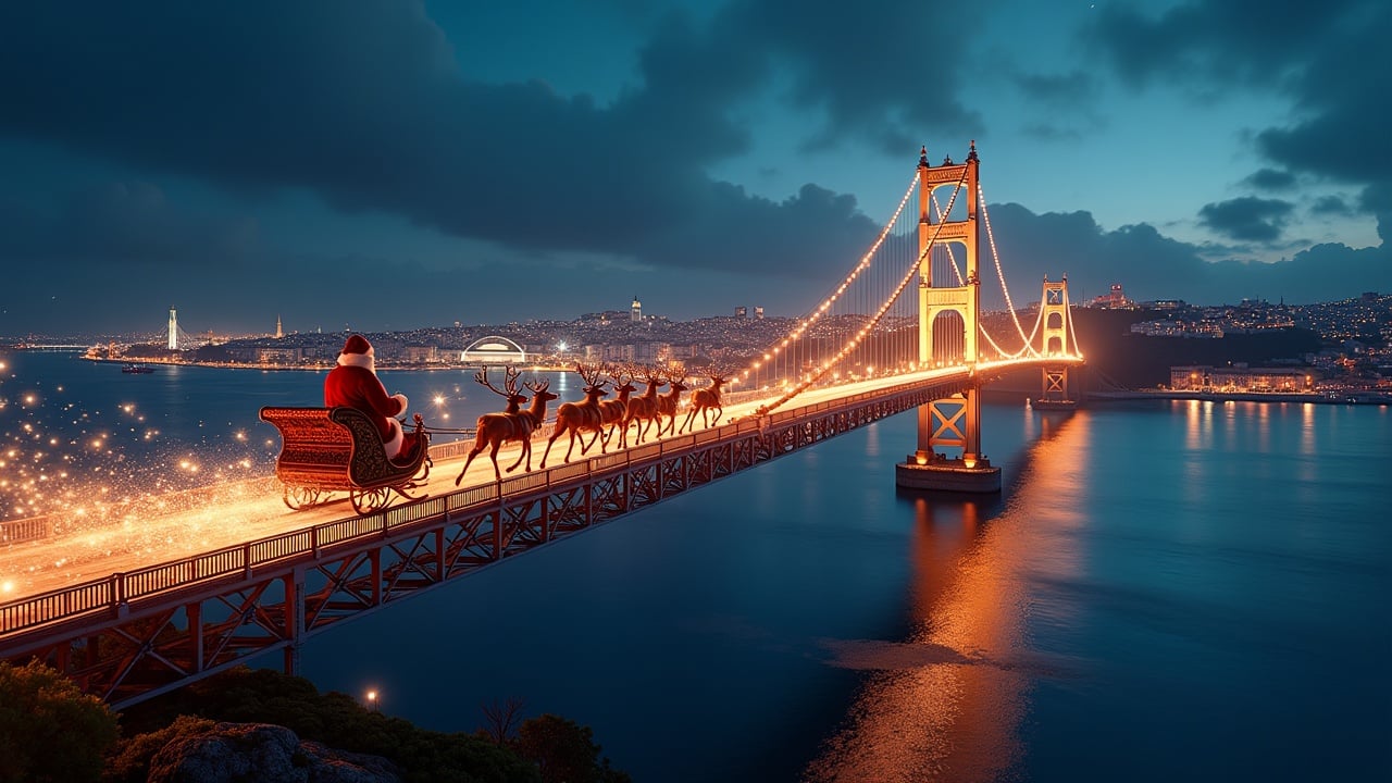 Aerial depiction of Santa flying over Tagus Bridge. Magical scene evokes Christmas spirit. Sleigh illuminated with sparkles transforming into city landmarks. Ultrarealistic style captured using Arriflex Alexa.