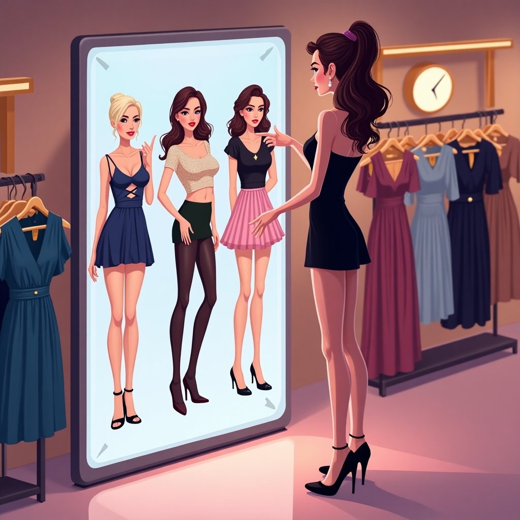 Isometric vector illustration of a young woman in trendy clothes using a digital style matching service in a fashion boutique. Scene shows her in front of a digital mirror displaying her image with three fashion variations. Boutique has stylish clothing racks and soft lighting with a modern tech interface. Woman touches the screen. Art style linked to Hed Kandi covers, inspired by burlesque and pin-up aesthetics.