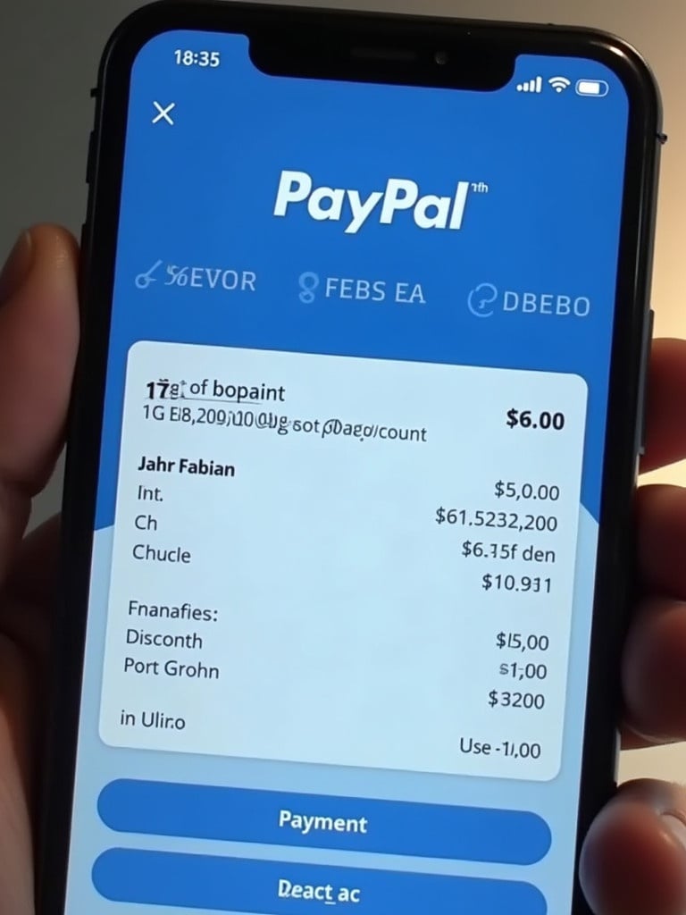 PayPal payment proof displayed on a smartphone screen. Transaction amount is six dollars. Shows details for jahrfabian@gmail.com. Includes payment summary and account information.