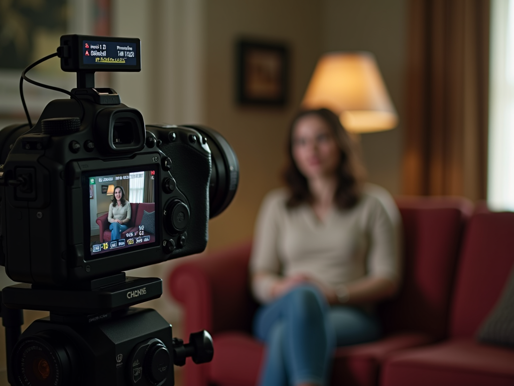 A camera captures a woman sitting on a red couch in a cozy room.