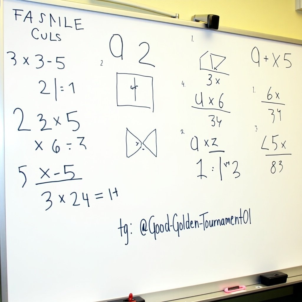 Whiteboard filled with math exercises from 6th grade. Exercises include basic arithmetic and algebra problems. Below, text indicates the social media handle '@Golden_Tournament01'.