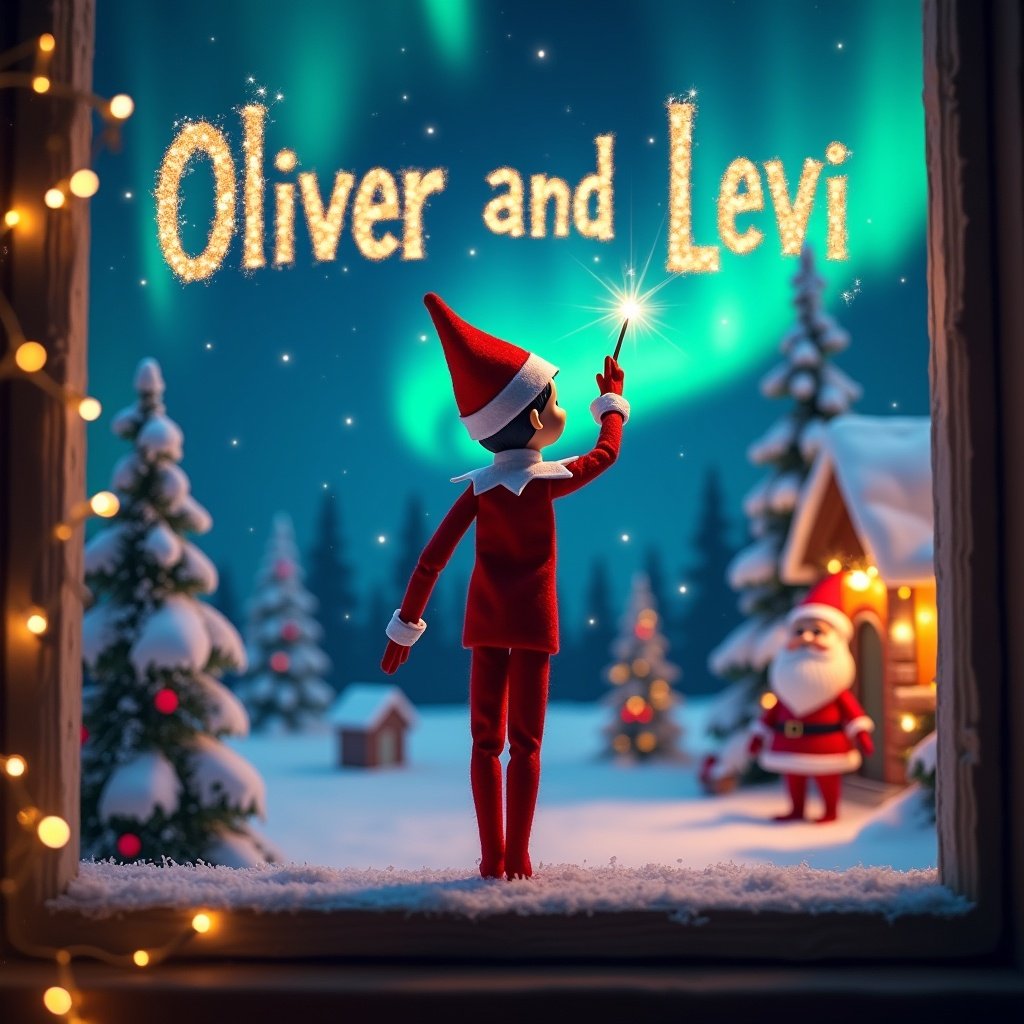 Enchanting scene of an elf facing a vibrant night sky. The elf writes 'Oliver and Levi' with a wand. Christmas setting with northern lights. Snow-covered trees and Santa in the background. Magical and festive atmosphere.