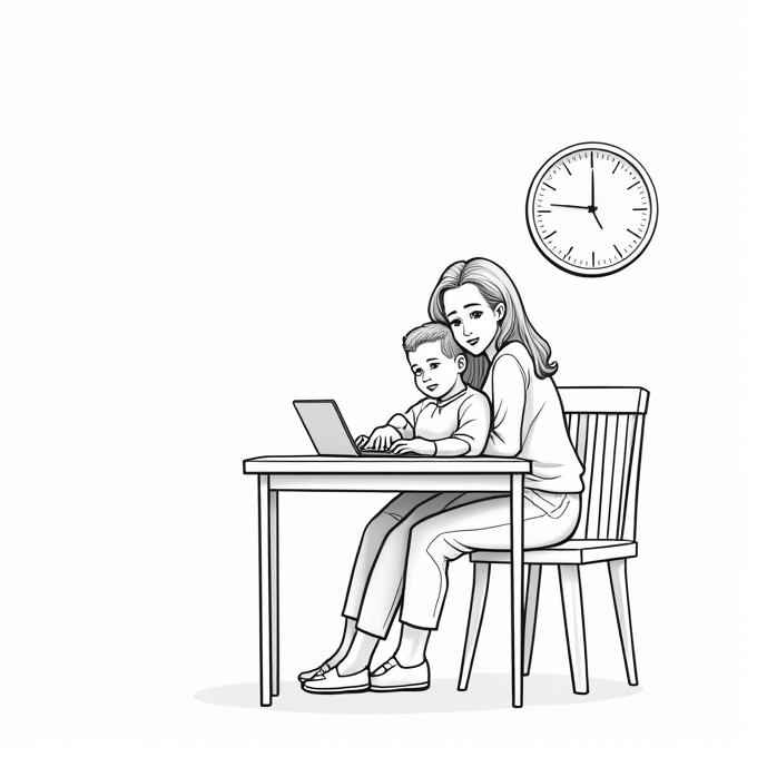 A mother and child are sitting together at a table, using a laptop, with a wall clock in the background.