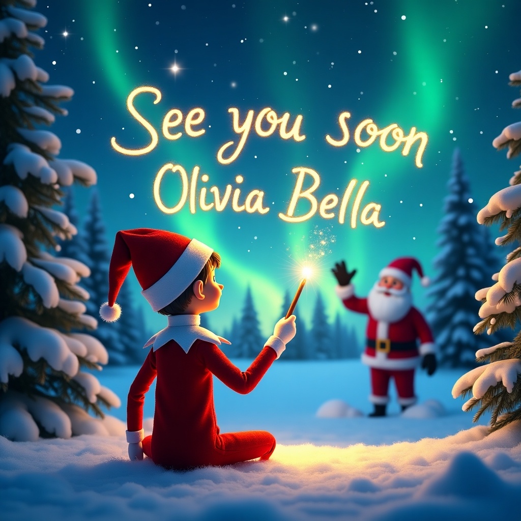 An elf on the shelf faces a night sky. The elf holds a wand, writing sparkling letters saying 'See you soon Olivia Bella'. The background shows northern lights and a winter landscape. Santa waves in the distance. Snow-covered trees enhance the Christmas feeling.