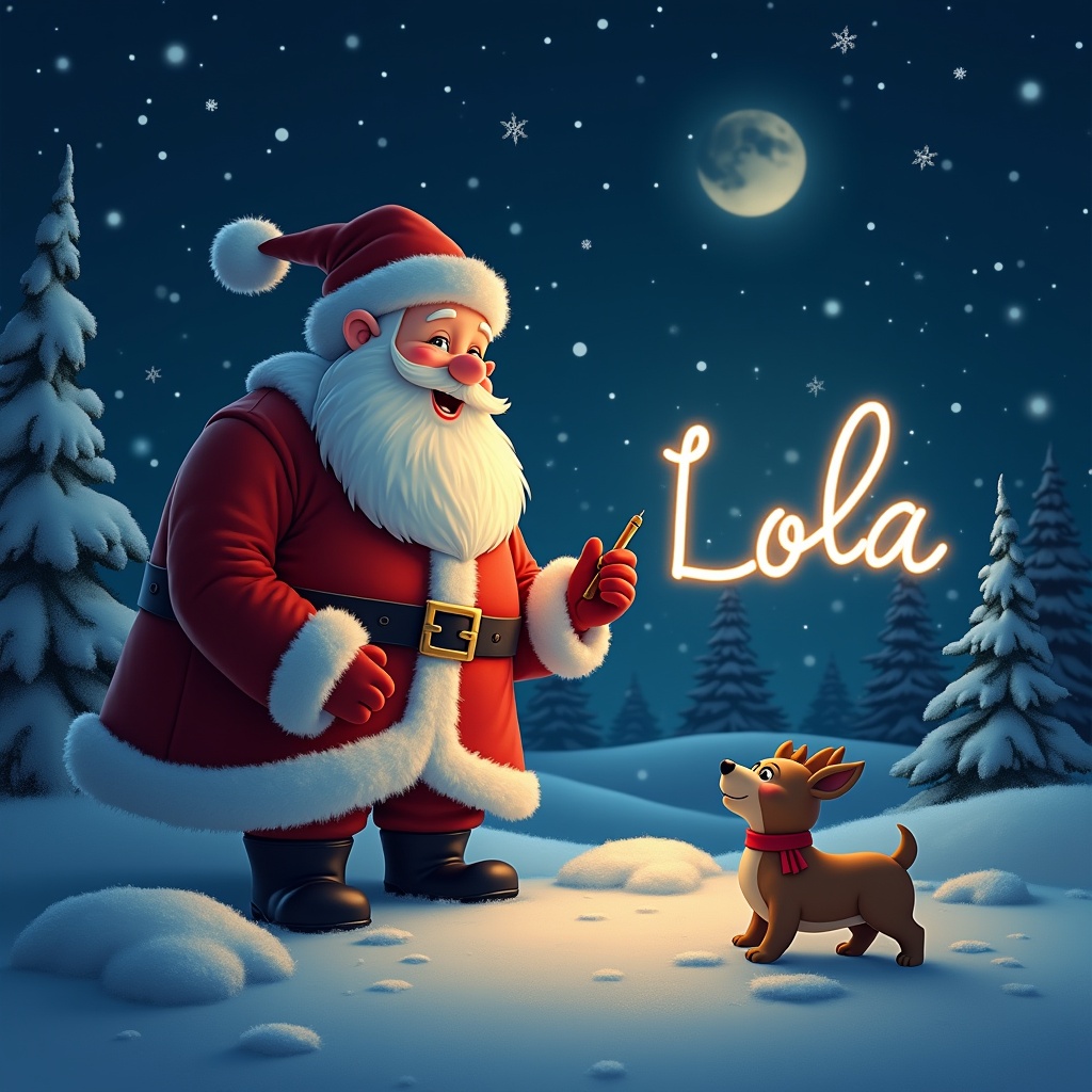 A whimsical, animated scene of Santa Claus standing in a snowy landscape at night. He is joyfully writing the name 'Lola' in glowing lights in the air. Beside him, a cute reindeer puppy looks up at him. The background features snow-covered trees under a starry sky with a bright full moon. The atmosphere is cheerful and magical, evoking the spirit of Christmas and wonder. This image captures the joy of the holiday season and the connection between Santa and his furry friend.