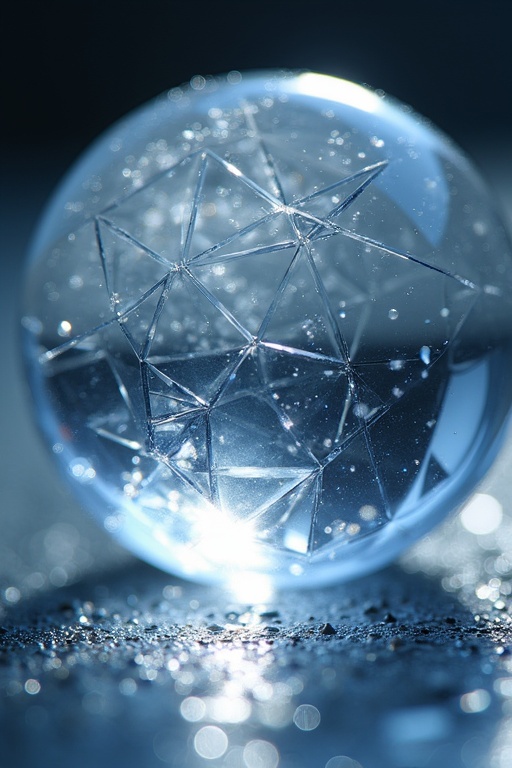 Close-up image of a crystal sphere. The sphere features geometric shapes. Light reflects off the surface of the sphere. An ethereal glow surrounds the sphere. Tiny droplets of water are visible on the surface.