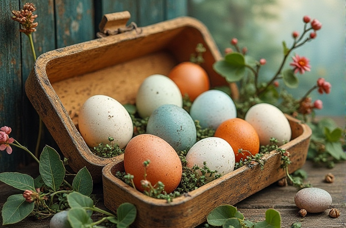 A wooden box holds a mix of colorful eggs surrounded by small plants and flowers.