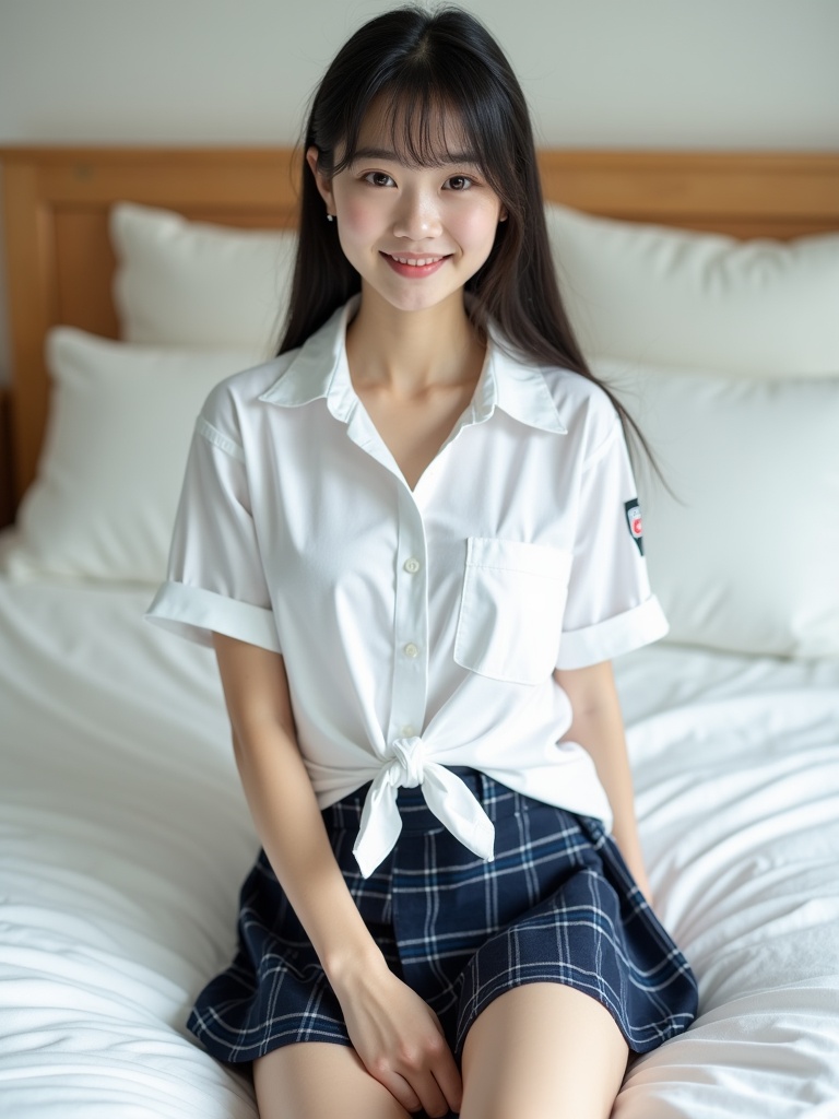 The image features a young woman sitting on a bed with a slight, serene smile. She is wearing a white blouse tied at the waist and a blue checkered skirt. The background consists of soft white pillows and sheets, giving the image a calm and peaceful atmosphere.