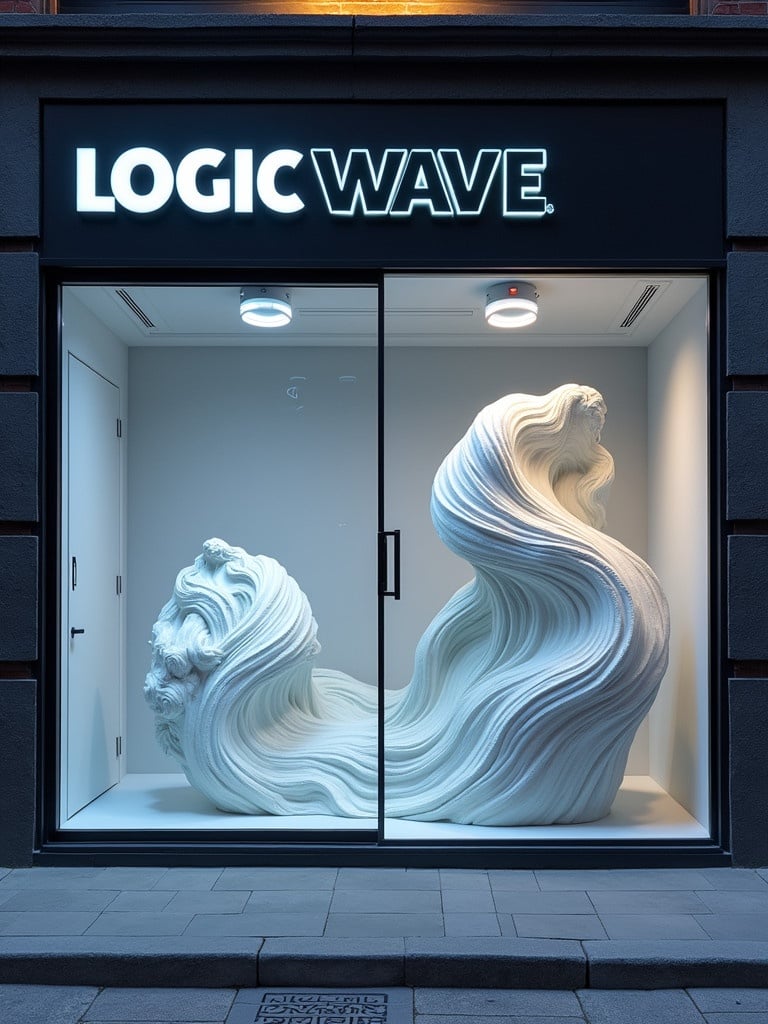 Photo showcases exterior of Logic Wave tech 3D printing store. The storefront features a captivating white wave sculpture. Storefront design is modern and sleek. Brilliant lighting illuminates the artwork. Clean lines define the space. Entrance is open and inviting.