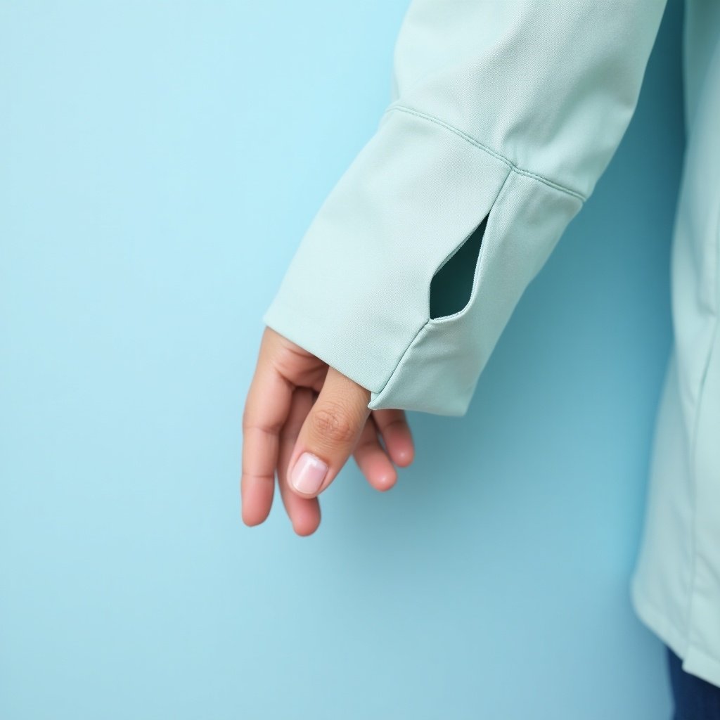 Light blue sleeve with a small hole. Fingertip peeking through sleeve. Close-up view against a light blue background.