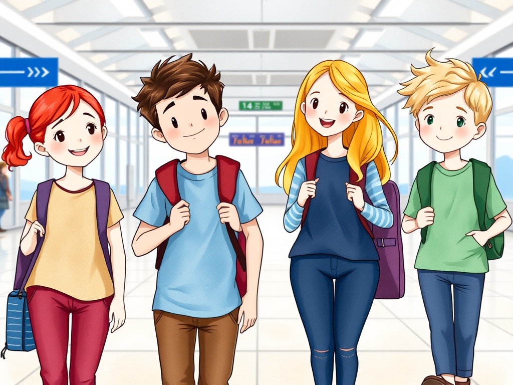 Four cheerful children are walking through an airport terminal, each with a colorful backpack. Their expressions show excitement, suggesting they're about to embark on an adventure. The bright and vibrant environment complements their youthful energy, with directional signs visible above them indicating they are in transit.