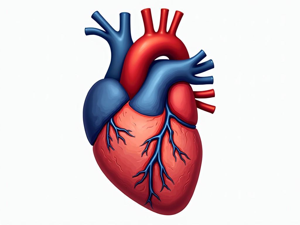 This is a detailed illustration of a human heart highlighting its major anatomical features. The heart is depicted with vibrant reds and blues to differentiate between oxygen-rich and oxygen-poor blood vessels. The arteries, veins, and chambers are clearly defined, making it an effective visual tool for educational purposes.