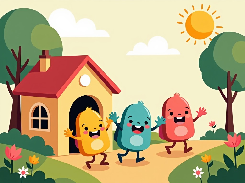 cartoon illustration of three happy characters walking outside a house on a sunny day