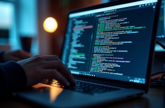 A person is typing on a laptop displaying colorful code in a dimly lit room with a warm point of light in the background.