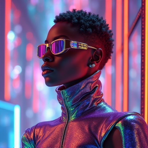 Futuristic avant garde couture with high impact and luxury features. Model wears stylish sunglasses in a vibrant environment. Bright and dramatic neon colors set against a cosmic backdrop. Edgy and daring fashion highlights streetwear and high fashion elements.