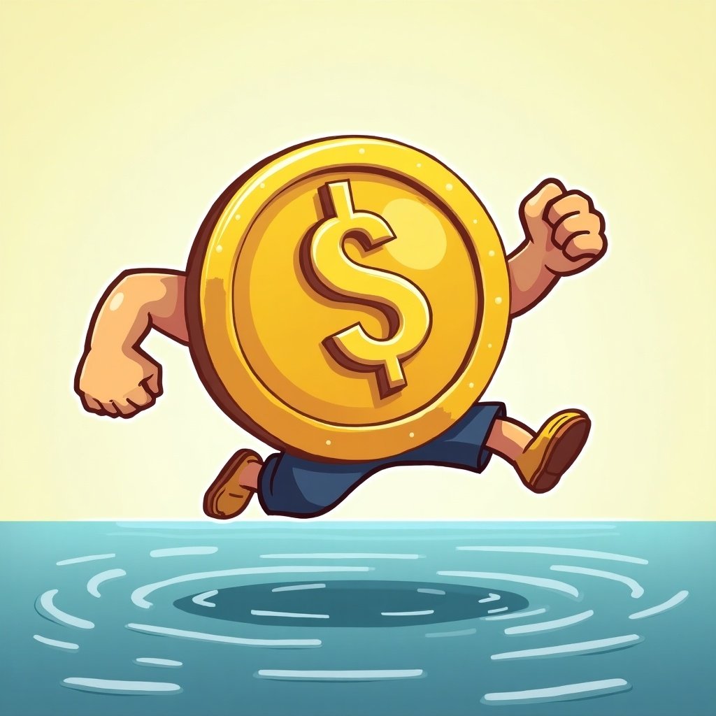 A muscular cartoon character in the shape of a golden coin labeled '$TRP' jumps over a body of water.