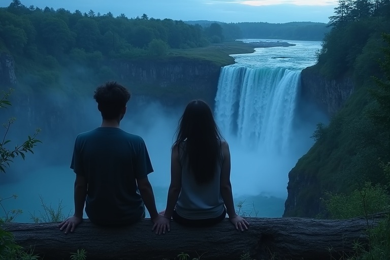 Teenagers sit on a log overlooking a waterfall. Their backs face the camera. Nighttime ambiance creates a fantasy atmosphere. Wide shot highlights the dramatic scenery.