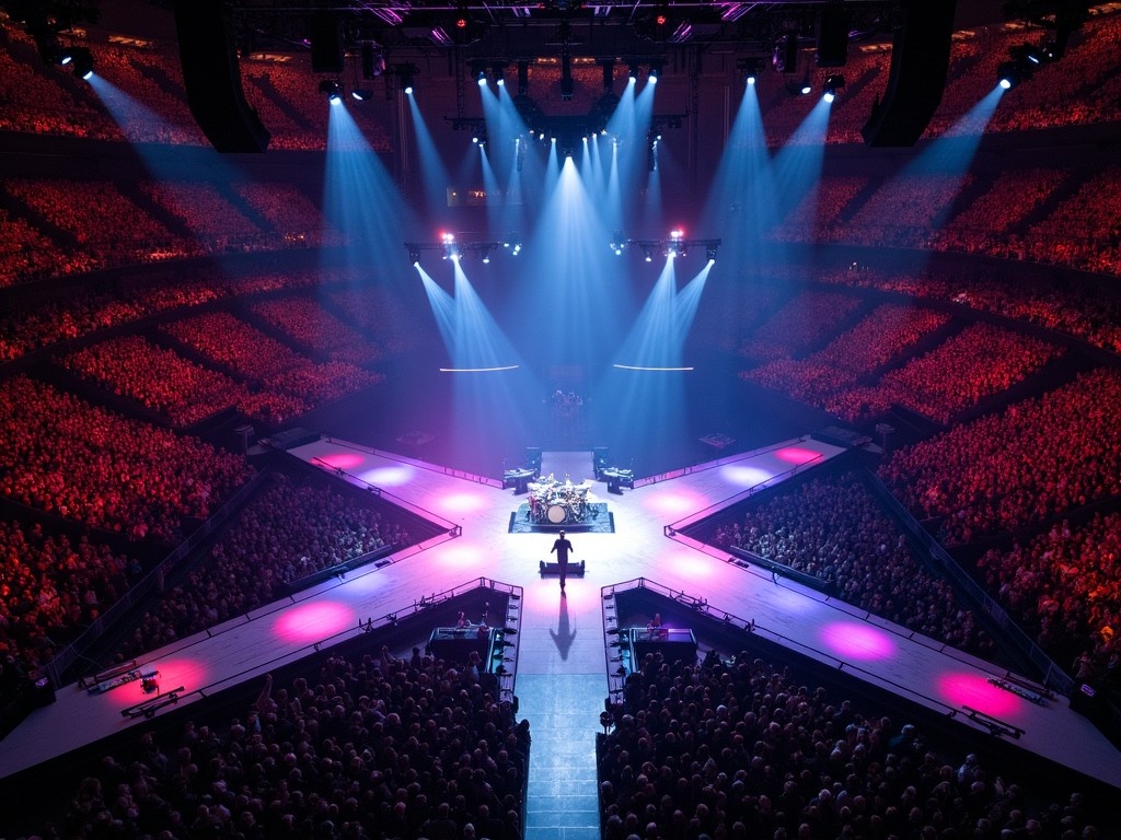 The image captures a vibrant concert scene at Madison Square Garden, showcasing a performance by Roddy Rich. A T-stage runway extends into the audience, enhancing the connection between the performer and fans. Bright lights illuminate the stage, creating a dramatic atmosphere. The shot is taken from a drone perspective, providing a unique, sweeping view of the arena filled with attendees. The color scheme features striking purples and blues, adding to the excitement of the live music experience.