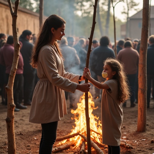 Outdoor scene depicting a mother and daughter at a historical festival. Mother ties daughter to a pole. Logs and branches surround them. Daughter wears oversized pacifier. Other children tied to poles nearby. Fake fire burns below. Bright atmosphere. Many people in the background.