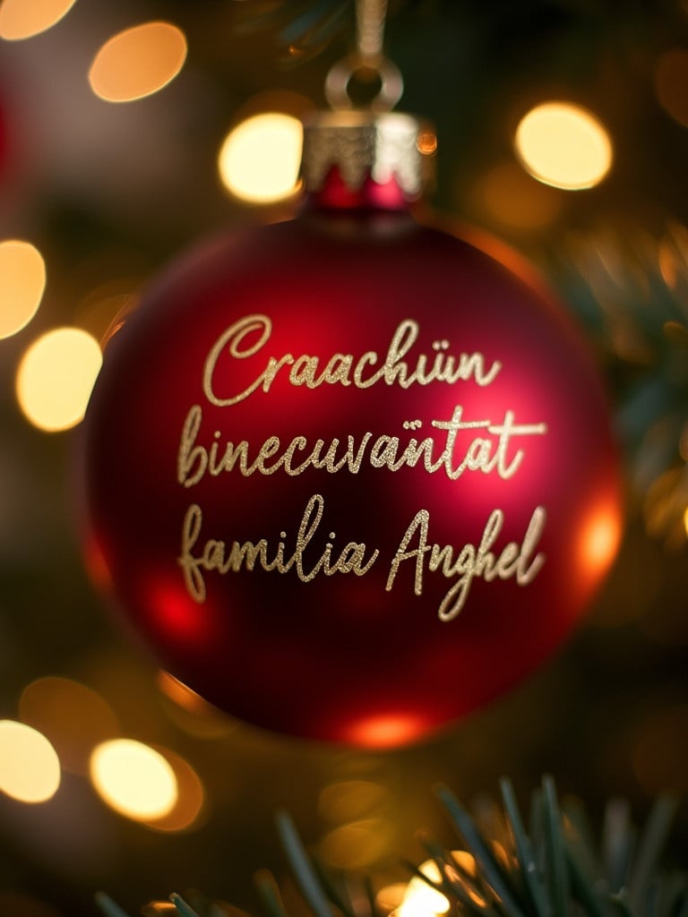 Close-up view of a red Christmas bauble. Text says 'Craciun binecuvantat' familia Anghel. Twinkling lights create a festive atmosphere. Suitable for holiday cards and decorations.