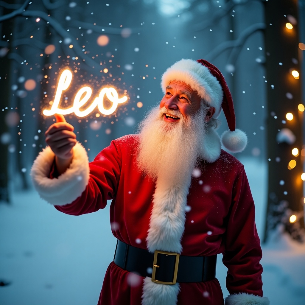 This enchanting image captures Santa Claus in a snowy forest during Christmas time. He is joyfully using a glow stick to write the name 'Leo' in the air. The scene is filled with soft falling snowflakes, creating a magical atmosphere. Warm lights from nearby trees add to the festive spirit, making the environment feel inviting and cheerful. Santa's outfit is traditional, featuring a bright red coat with white fur trim and a black belt. His joyful expression radiates holiday cheer, making this image perfect for Christmas celebrations.