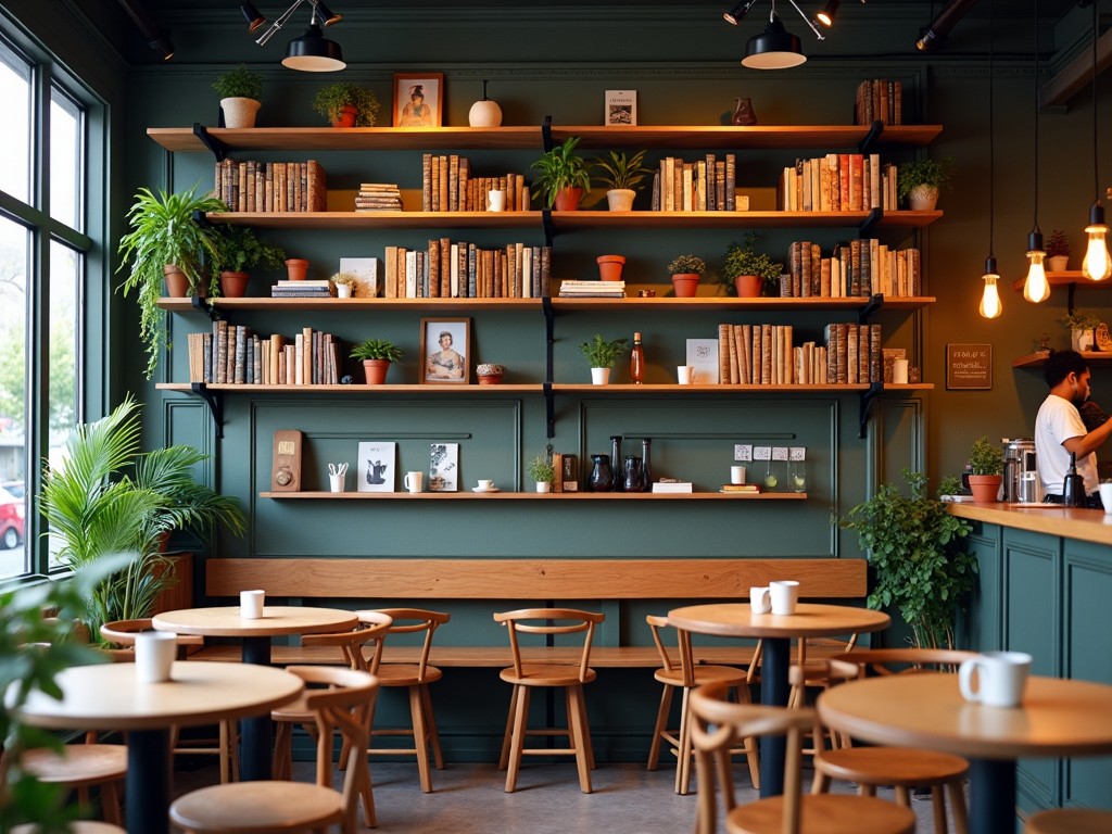 This image features a cozy café interior with a charming arrangement of wooden shelves. The shelves are filled with books and adorned with various potted plants, creating a warm and inviting atmosphere. Natural light pours in through large windows, complemented by warm pendant lighting. Mingled among the rustic wooden tables are simple coffee cups, suggesting a welcoming spot for patrons to enjoy their drinks. The overall aesthetic is minimalist yet vibrant, making it an ideal setting for relaxation and social gatherings.