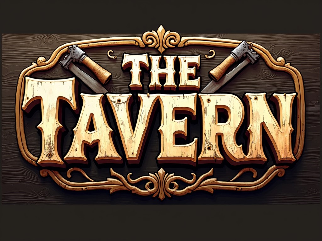 This image showcases a rustic and ornate sign reading 'The Tavern' in bold, distressed wooden lettering. The letters are artistically outlined with a golden hue to give a vintage look. The background features a wood texture with two crossed axes at the top, enhancing the traditional tavern theme.