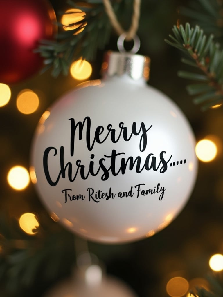 Close-up of a white Christmas bauble with text. Twinkling lights create magical ambiance. Gesture of festive greetings from a family.