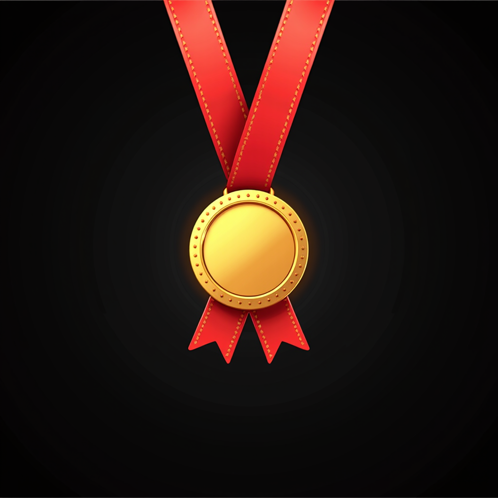 A shiny gold medal hangs from a vibrant red ribbon against a black background.