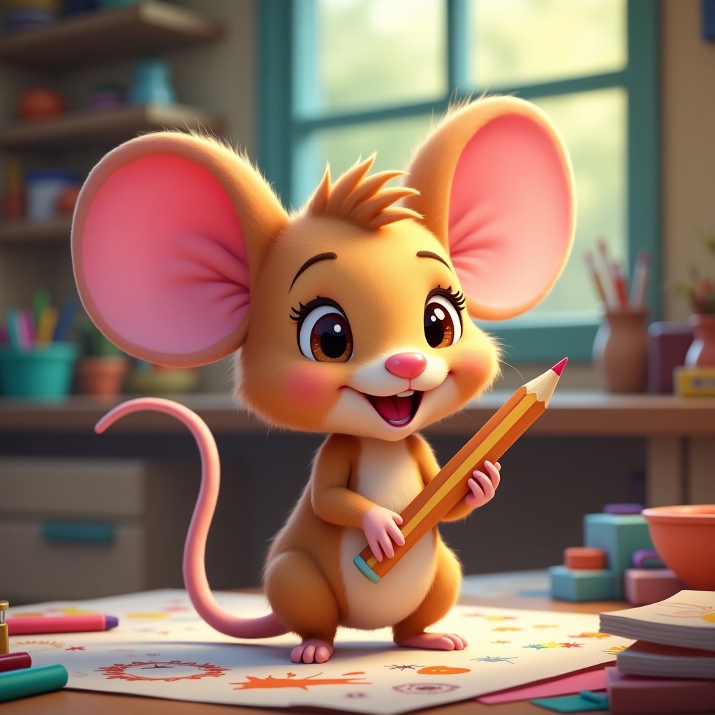 This image features a cartoon mouse with large pink ears and a bright smile holding a pencil in a colorful workshop. The mouse looks playful and inviting, appealing to young audiences. The workshop background provides a sense of creativity and fun, with various art supplies scattered around. The warm colors and cheerful expression evoke a sense of joy. This character could be used in stories or educational content aimed at kids. The overall vibe is friendly and imaginative.