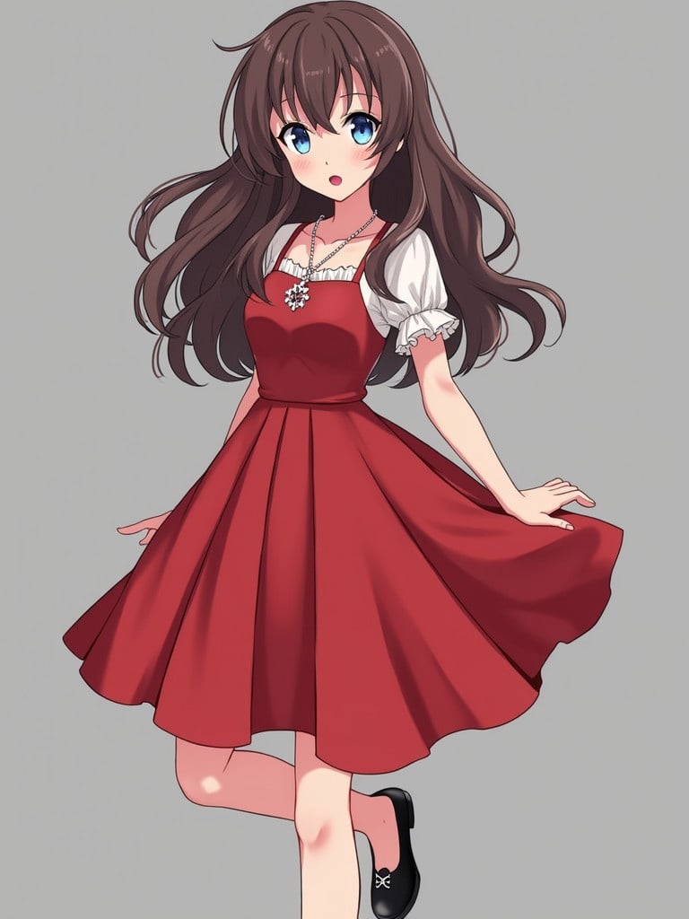 Anime girl is 15 years old. Height is 178 cm and weight is 57 kg. Has long brown wavy hair and blue eyes. Wears red lipstick. Skin is pale. Dressed in a red dress and black shoes. Necklace features a snowflake.