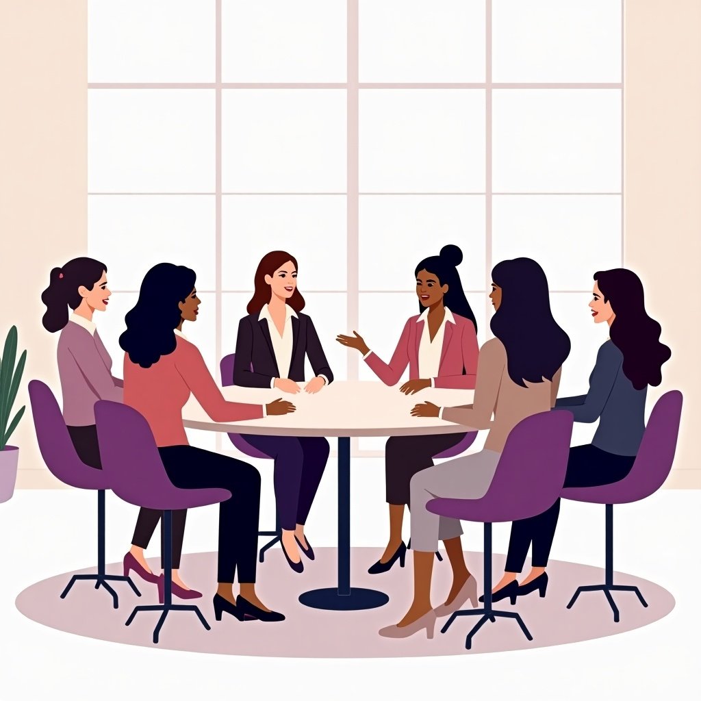 Illustrate a group of women sitting around a table in a discussion. Women of diverse appearances. Dressed in formal attire. Modern indoor space. Soft lighting and minimalistic décor. Active participation. Teamwork and learning. Color palette of soft purples, pinks, and neutrals.