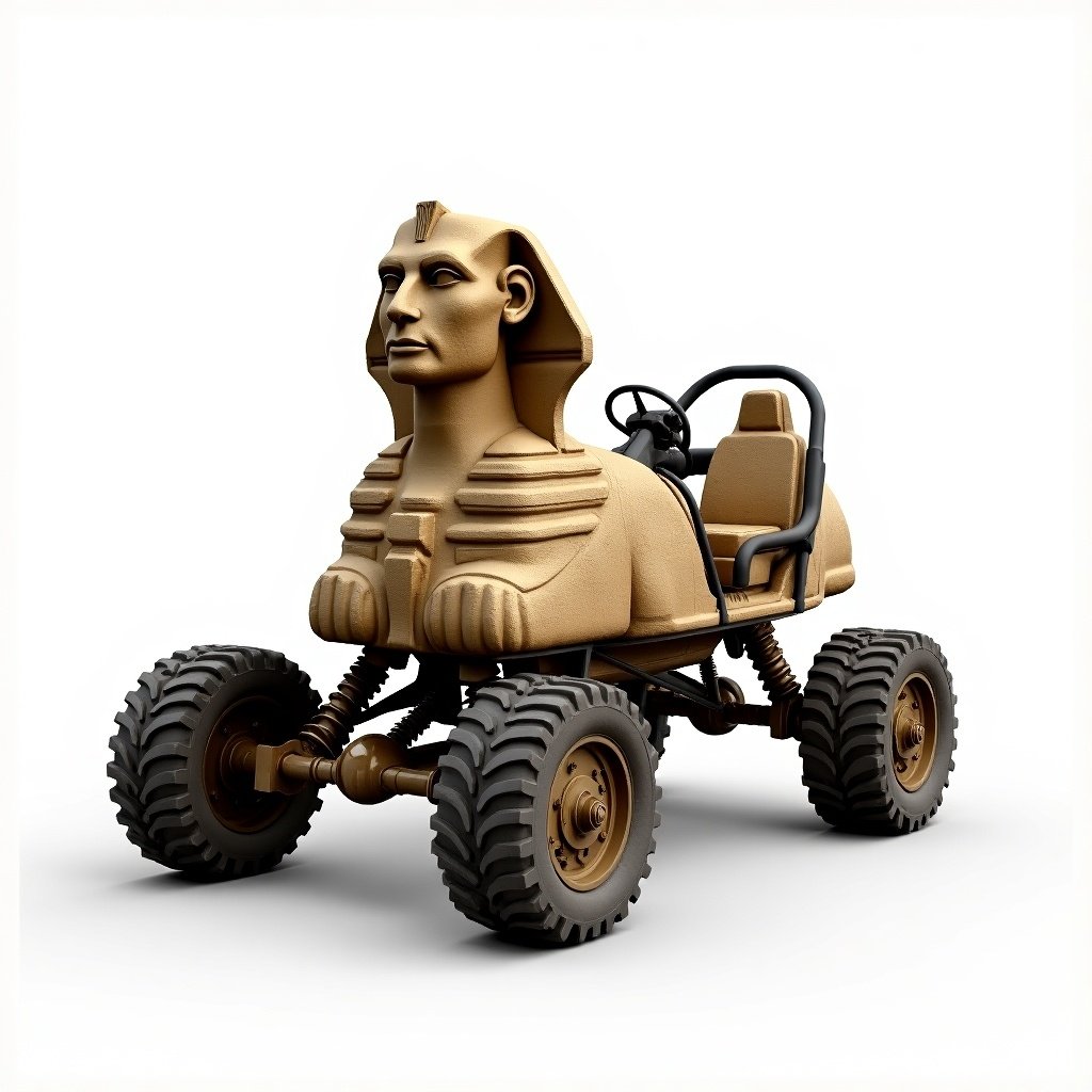 Hyper-realistic transformation of the Great Sphinx of Giza into a functional desert buggy. The sculpture retains its original weathered stone textures and iconic features. Desert buggy components integrated into the Sphinx's design. Rugged sand tires, sturdy roll cage, visible suspension, and ergonomic handlebars present. Wheels positioned at the sculpture's base. Roll cage and mechanical elements blend with the ancient stone structure. Elements appear natural yet functional. Bright white background accentuates craftsmanship and the juxtaposition of ancient history with modern engineering.