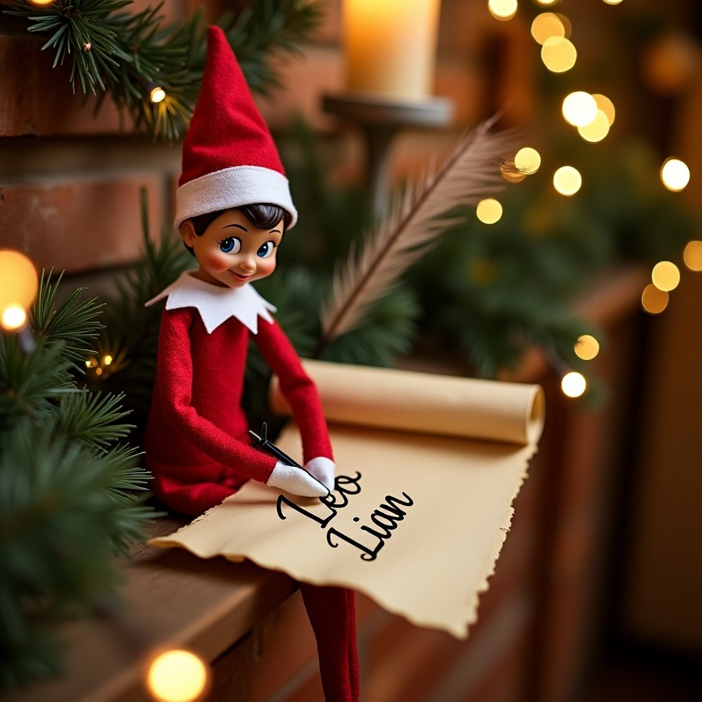 Elf on the Shelf is writing name Leo and Lian on a scroll. The scene is decorated with Christmas elements.