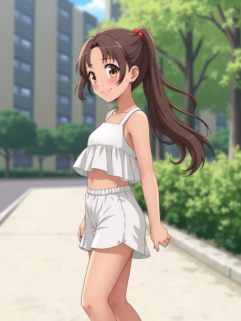 A young girl with long hair in a ponytail. Wearing a stylish white two-piece outfit. She is outdoors, smiling softly. Background shows buildings and greenery, creating a relaxed summer atmosphere.