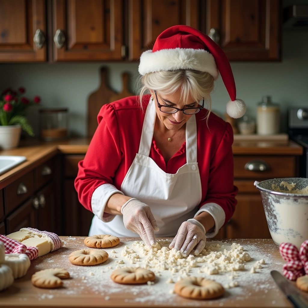 Mrs. Claus making cookies in a cozy kitchen. Flour scattered on the countertop. The name Heidi written in flour. Christmas decorations in the background.