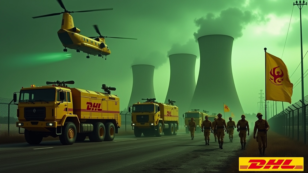 In a dramatic scene, large yellow armored trucks with prominent double barrel roof mounted cannons drive towards a fence. The DHL logo is clearly displayed on the trucks. Nearby, soldiers in yellow uniforms march together, holding rifles, one carrying a large flag with the DHL logo. Smokestacks of a nuclear power plant glow green in the background, while a Chinook CH-47 helicopter flies above, adding intensity. The atmosphere is ominous, dominated by a green glow. At the bottom, the DHL logo is prominently displayed in bold yellow text.