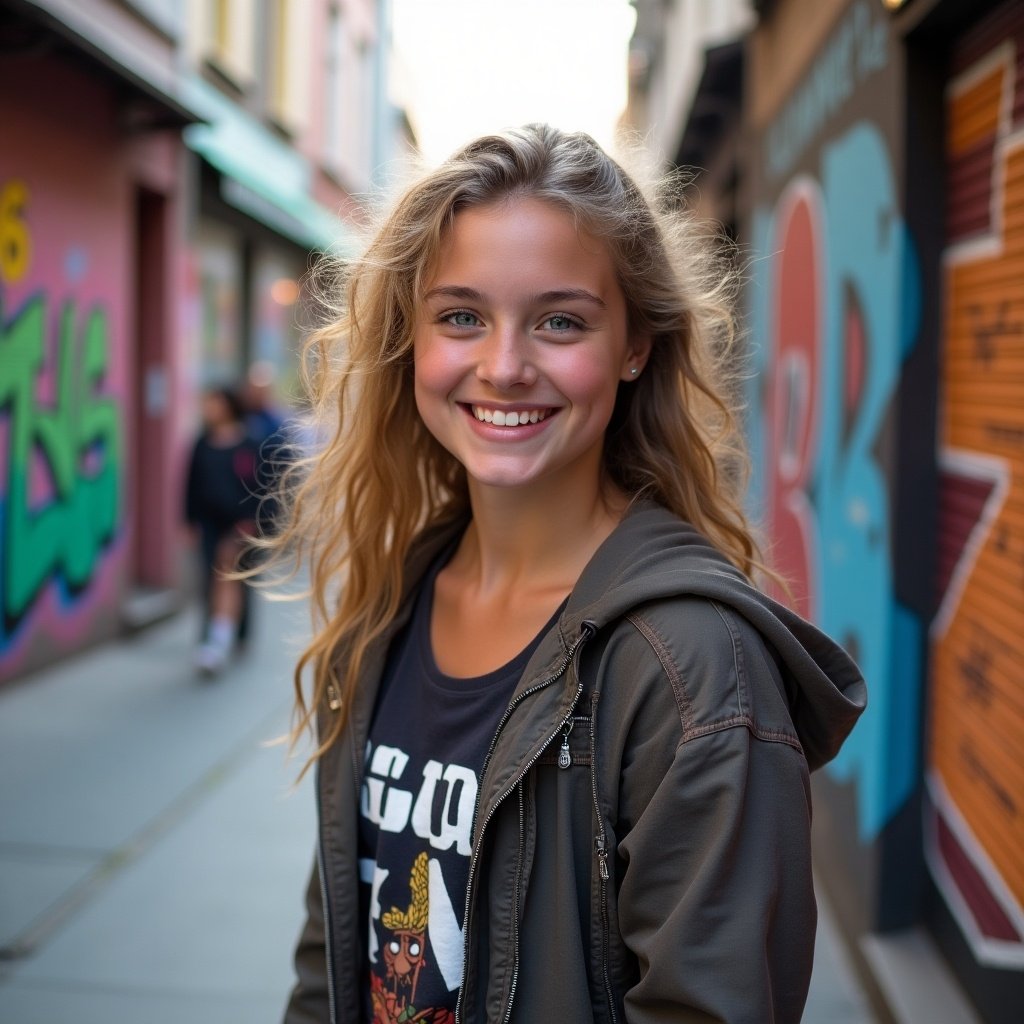 Teen stands outdoors in an urban setting. Wearing a casual outfit with a hoodie. Surrounded by colorful street art. Hair styled in loose waves. Confidence and youthful vibe present.