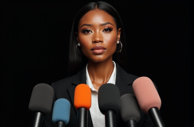 A confident woman stands poised before an array of colorful microphones against a dark background.