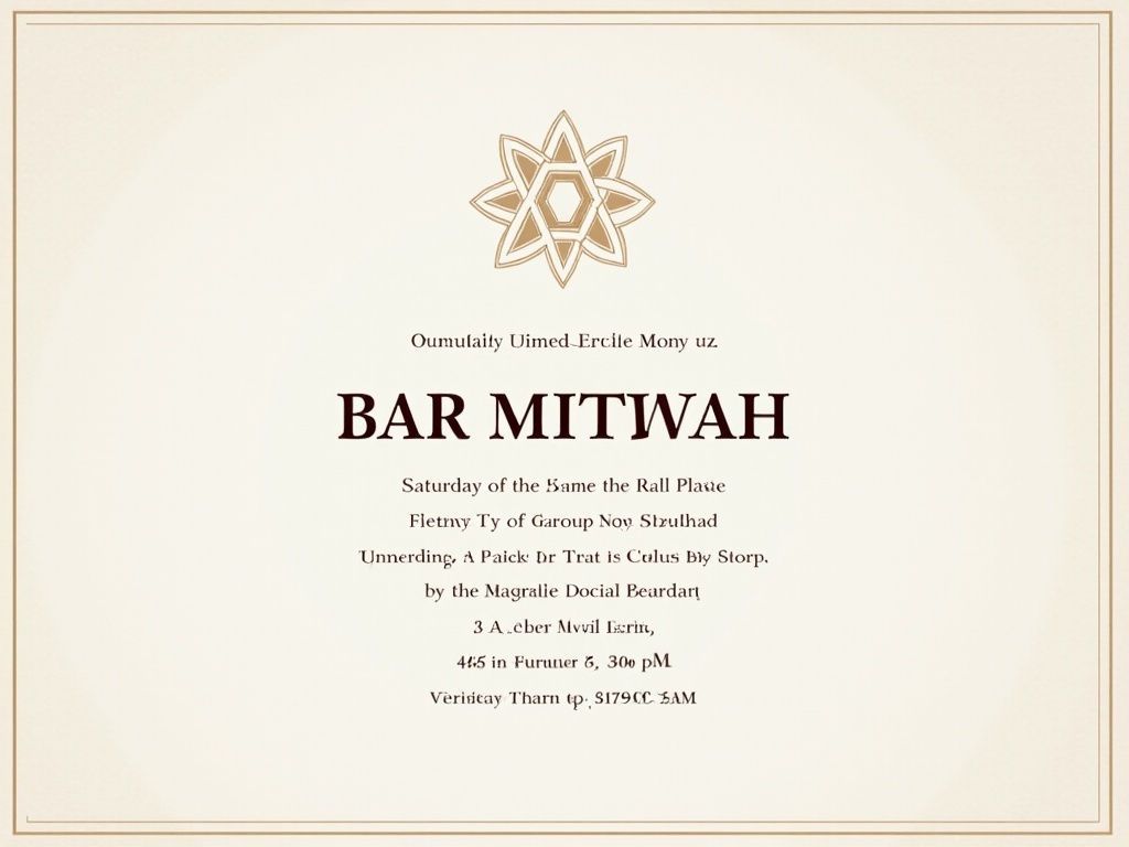 This image depicts an elegant Bar Mitzvah invitation. The design features a clean layout with a soft cream background and gold accents. At the top, a Star of David symbolizes the significance of the occasion. The invitation includes traditional details about the event, displayed in a refined, stylish font. A tallit may also be artistically incorporated, representing Jewish heritage. This design is perfect for conveying the importance and joy of this significant life event.