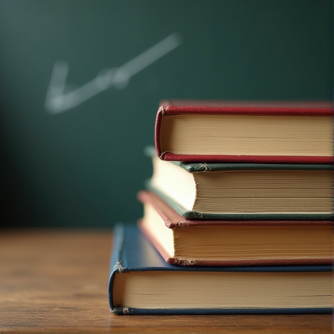 A stack of books sits on a wooden table with a chalkboard in the background.