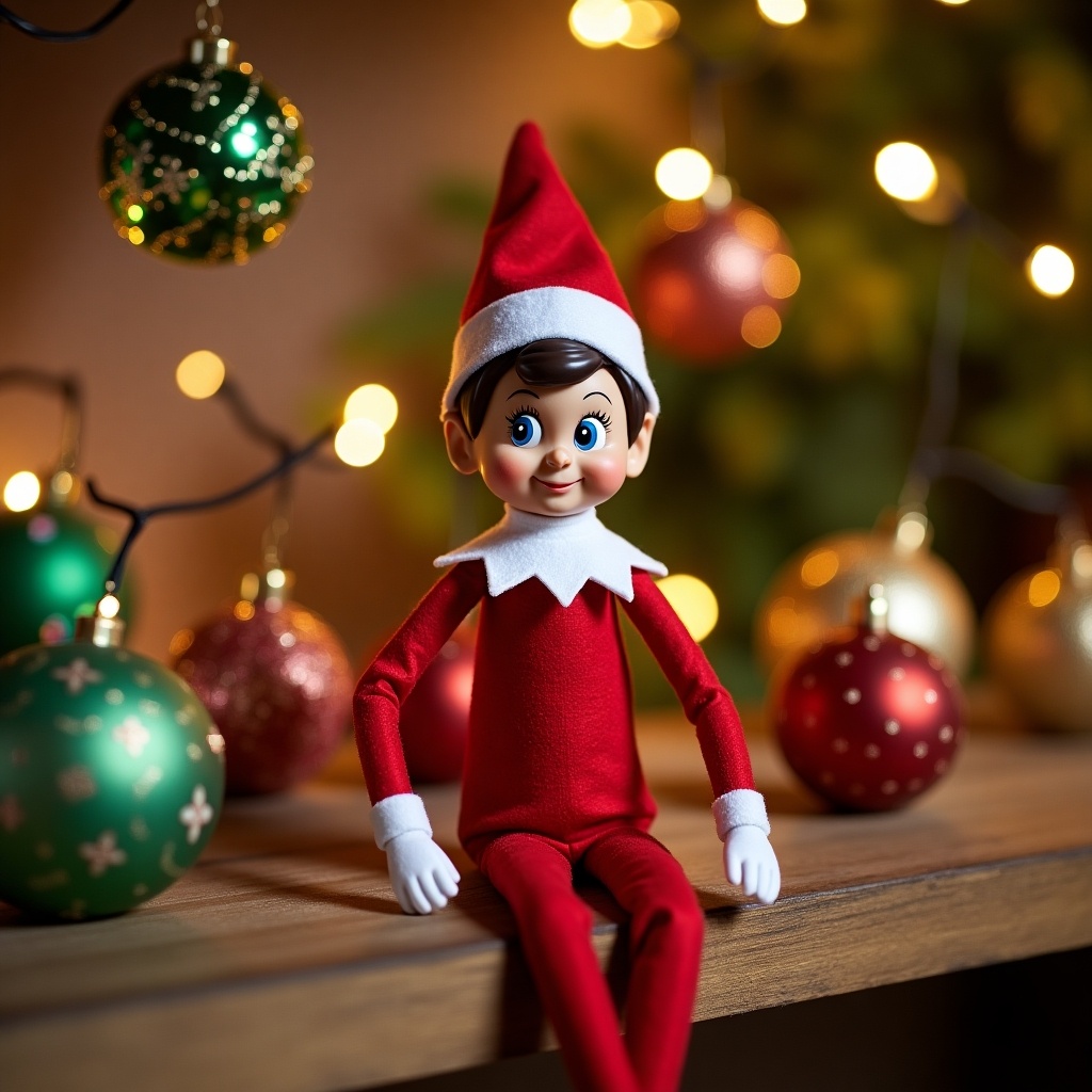 Image of an Elf on the Shelf. The elf is dressed in red and white, sitting among colorful Christmas ornaments. The background has festive lighting, creating a warm atmosphere.