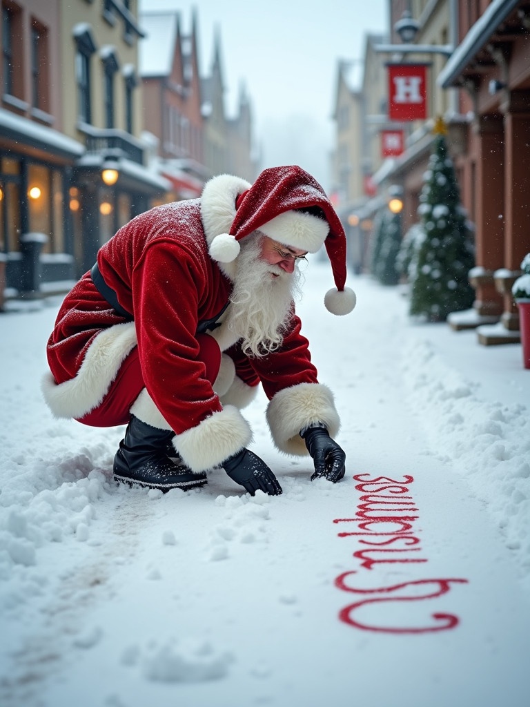 Santa Claus writes names in the snow. He wears traditional red and white clothing. The snowy street is lined with charming buildings. Soft winter light enhances the scene. A cheerful holiday atmosphere is conveyed.