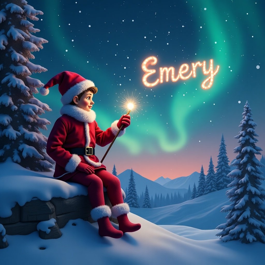 Traditional red elf in snowy mountains of North Pole. Writing with magic wand. Name Emery glowing in stars. Northern lights in red, cerulean, purple.